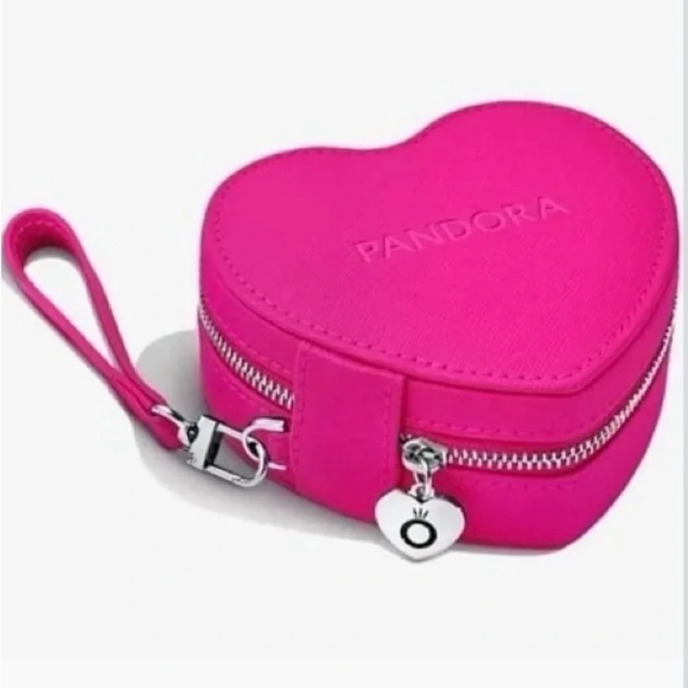 PANDORA HEART SHAPED JEWELRY BOX STORAGE TRAVEL CASE PINK REMOVABLE POUCH NIB - Picture 2 of 11